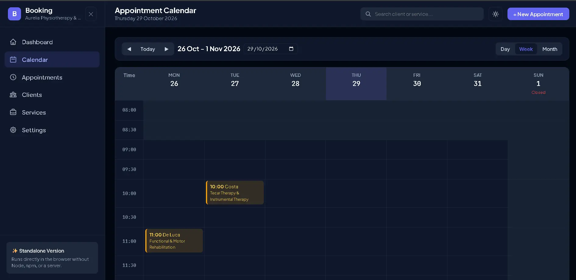Monthly and weekly calendar view for appointment planning