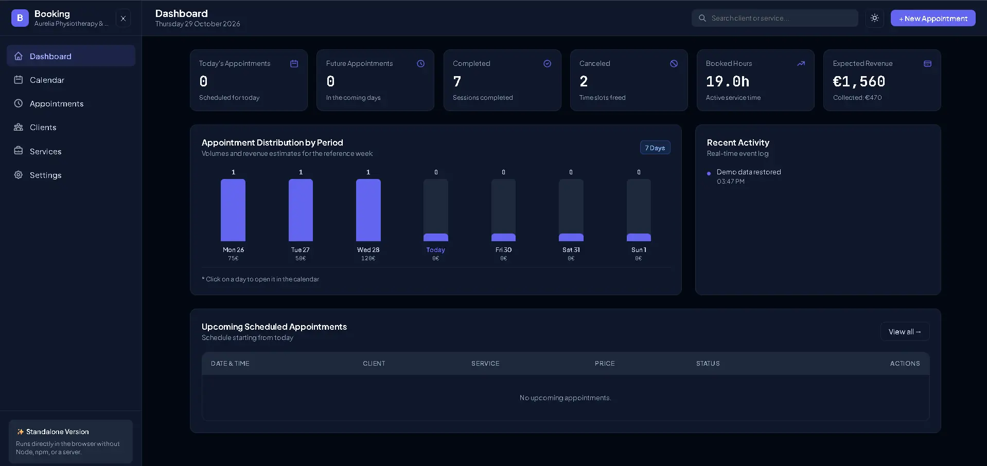 Main dashboard of the appointment booking and management system