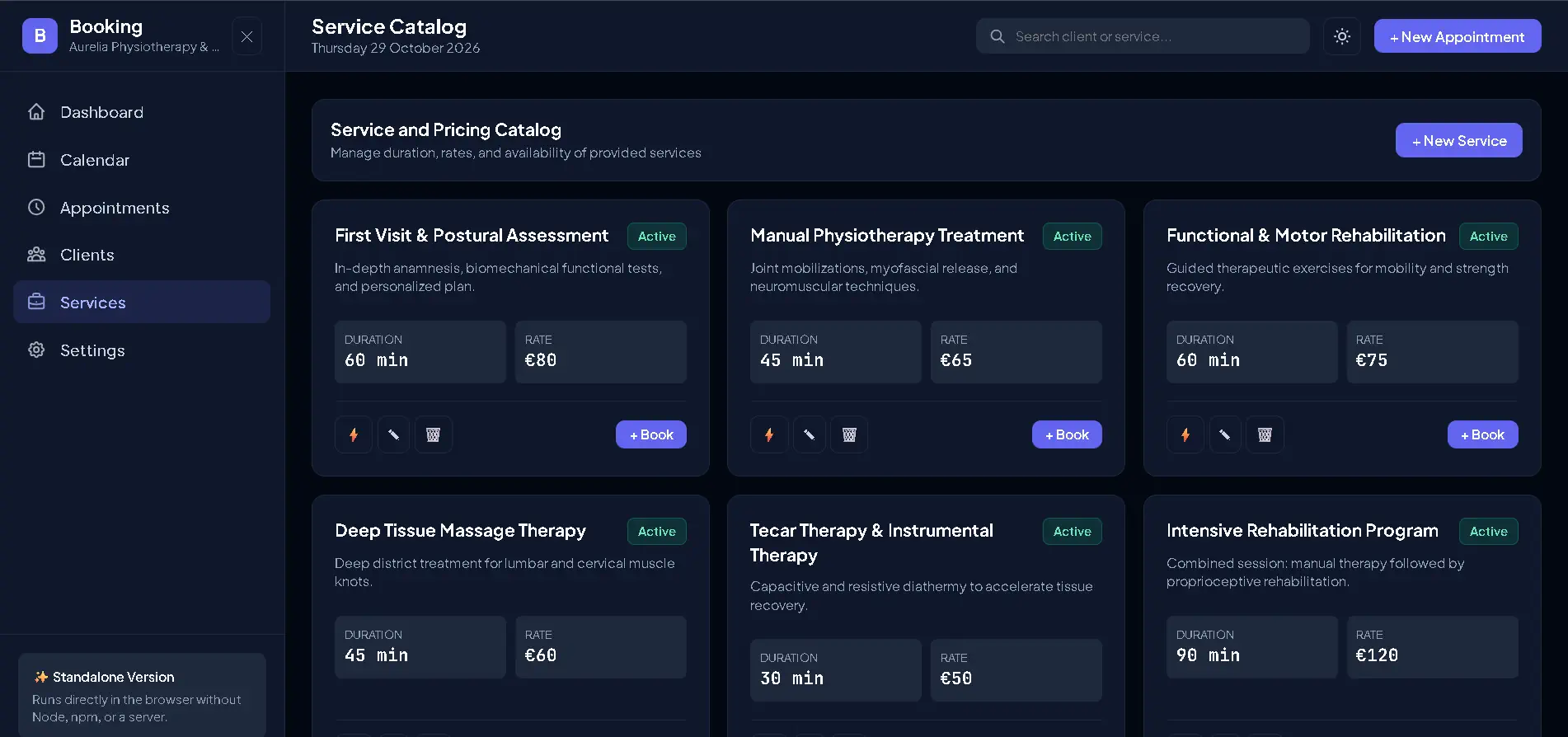 Settings panel for customizing services and time slot durations