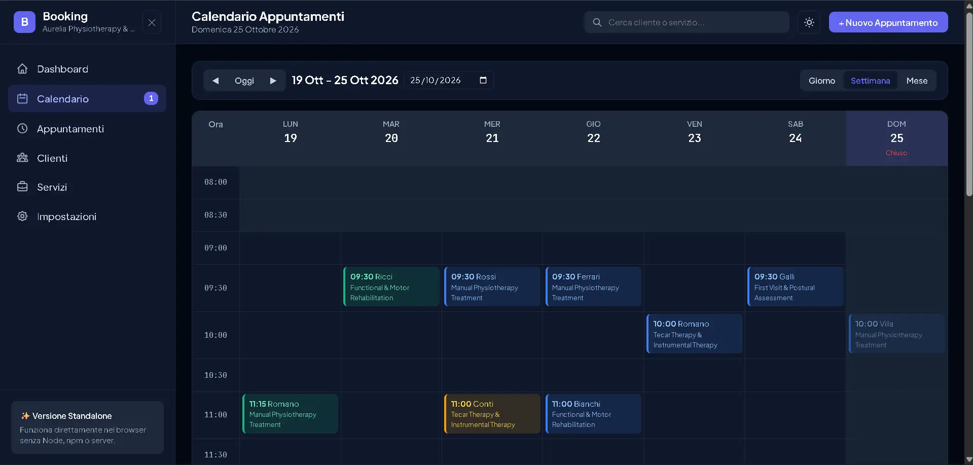 Vista calendario mensile e settimanale per la pianificazione degli appuntamenti
