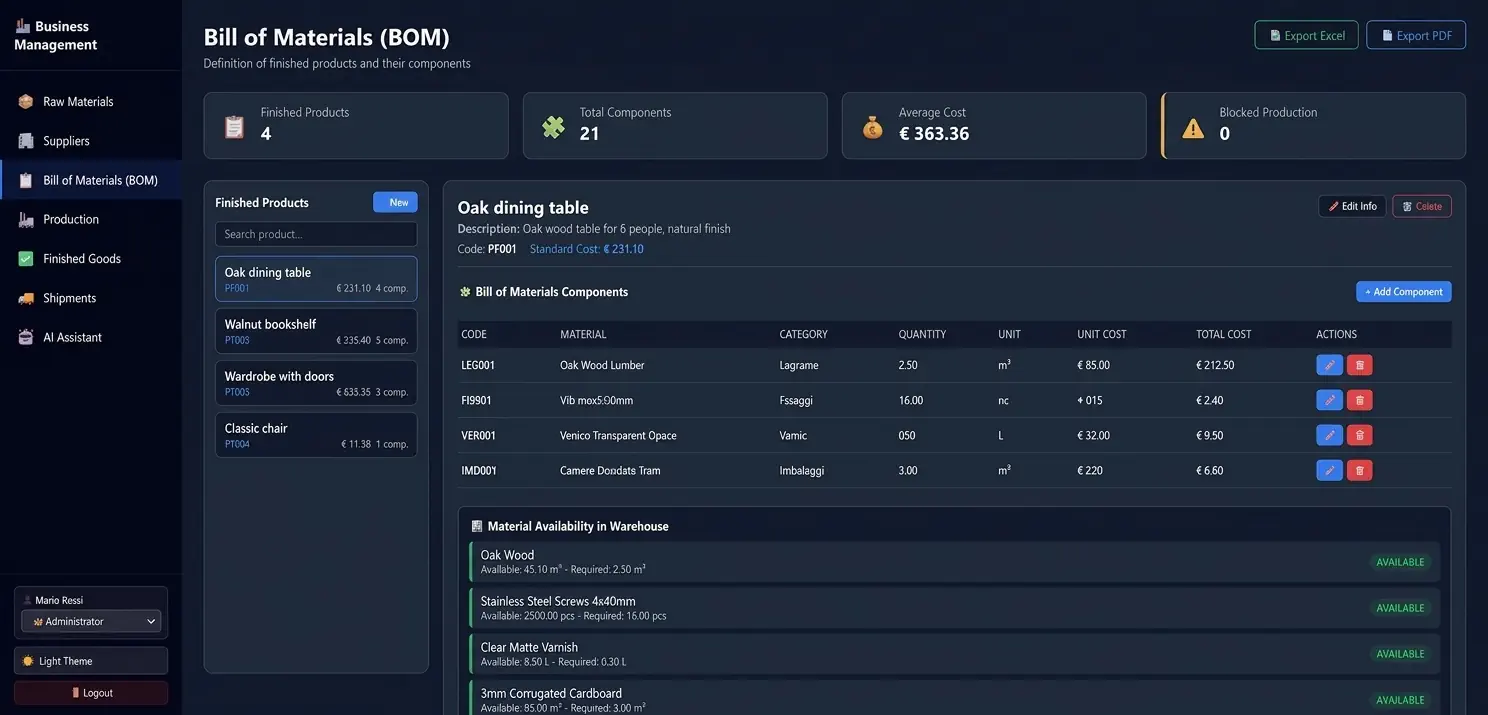 Bill of Materials (BOM) management and real-time update screen