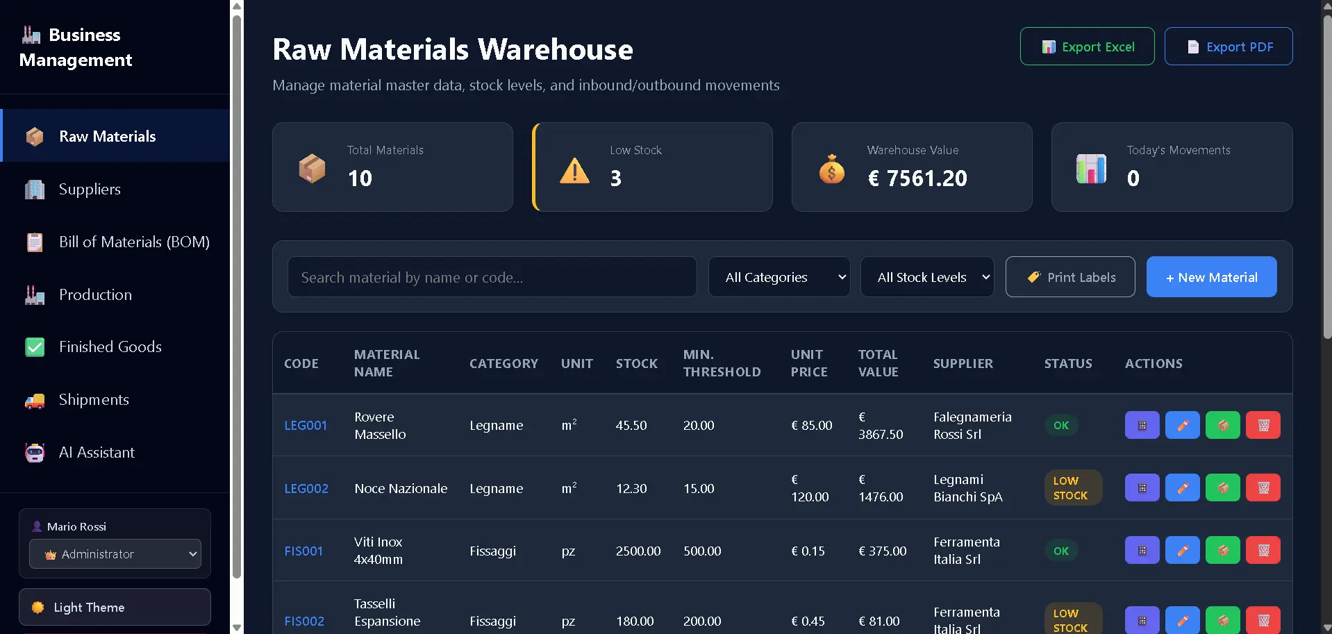 Raw material warehouse management interface within the ERP system