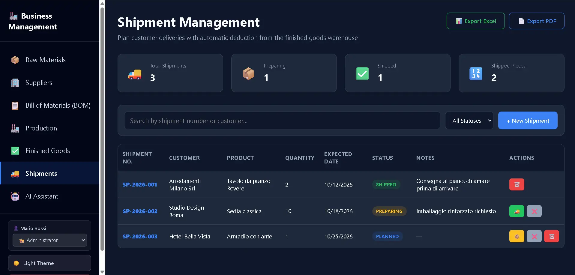 Shipment management and real-time tracking interface