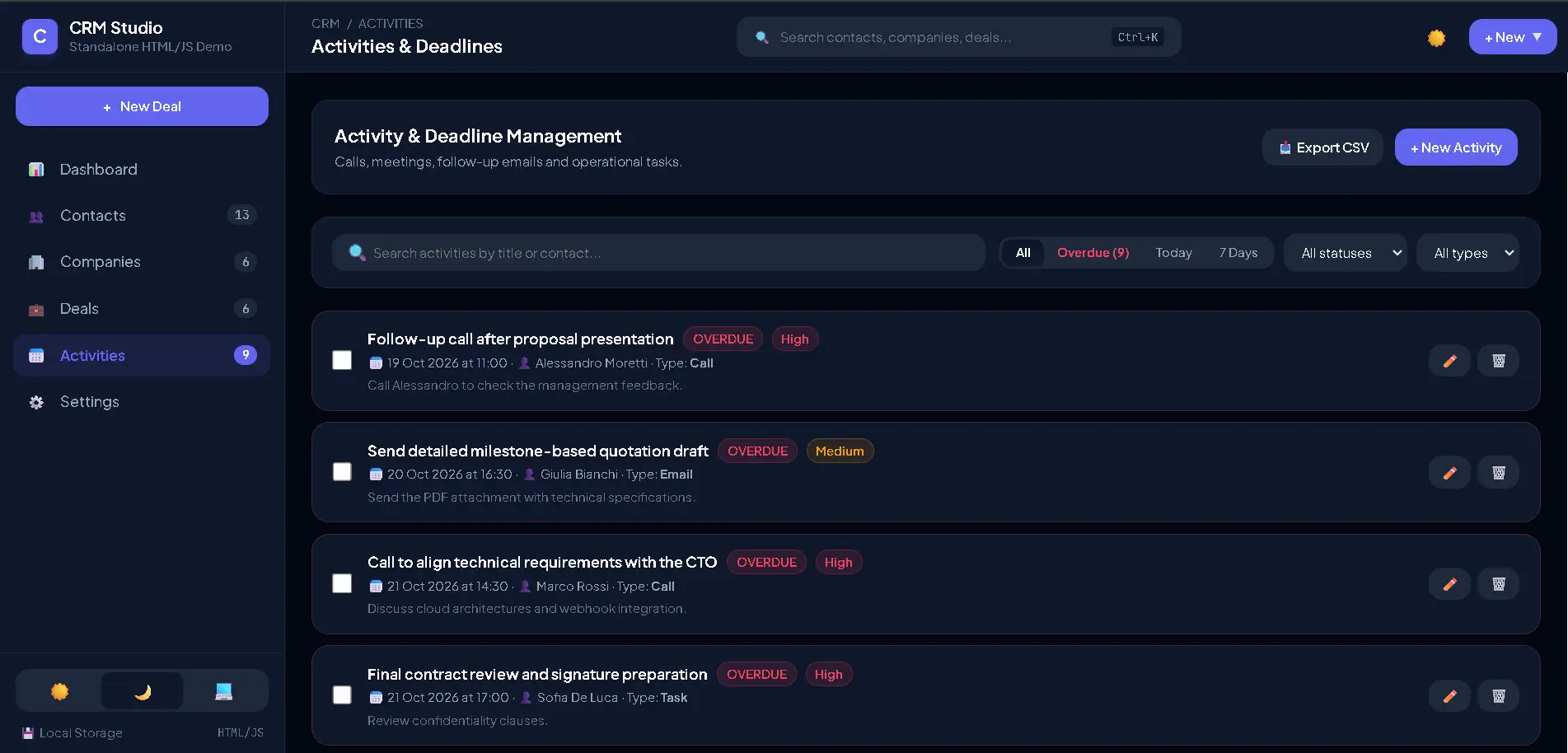 Task and deadline management panel with automated reminders