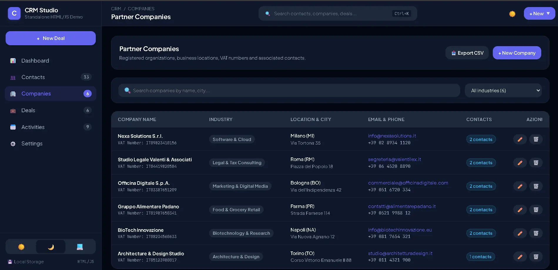 Company records management interface with contact details