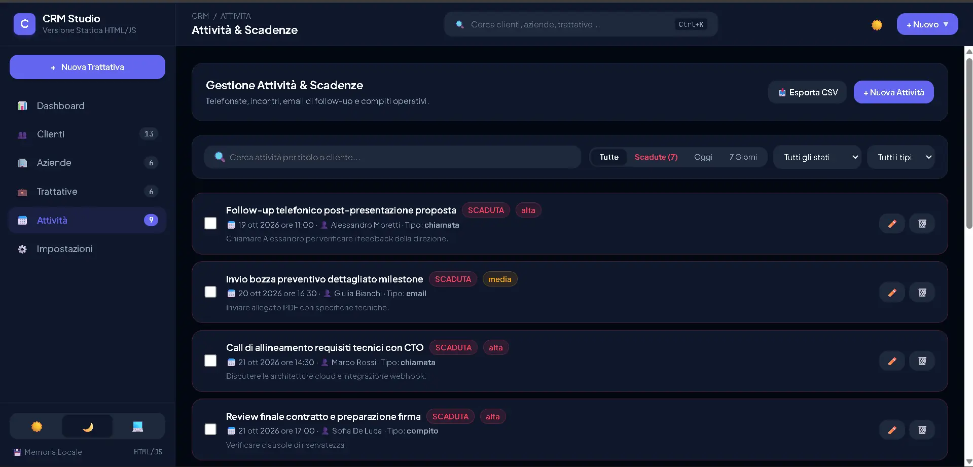 Pannello di gestione attività e scadenze con notifiche e promemoria automatici