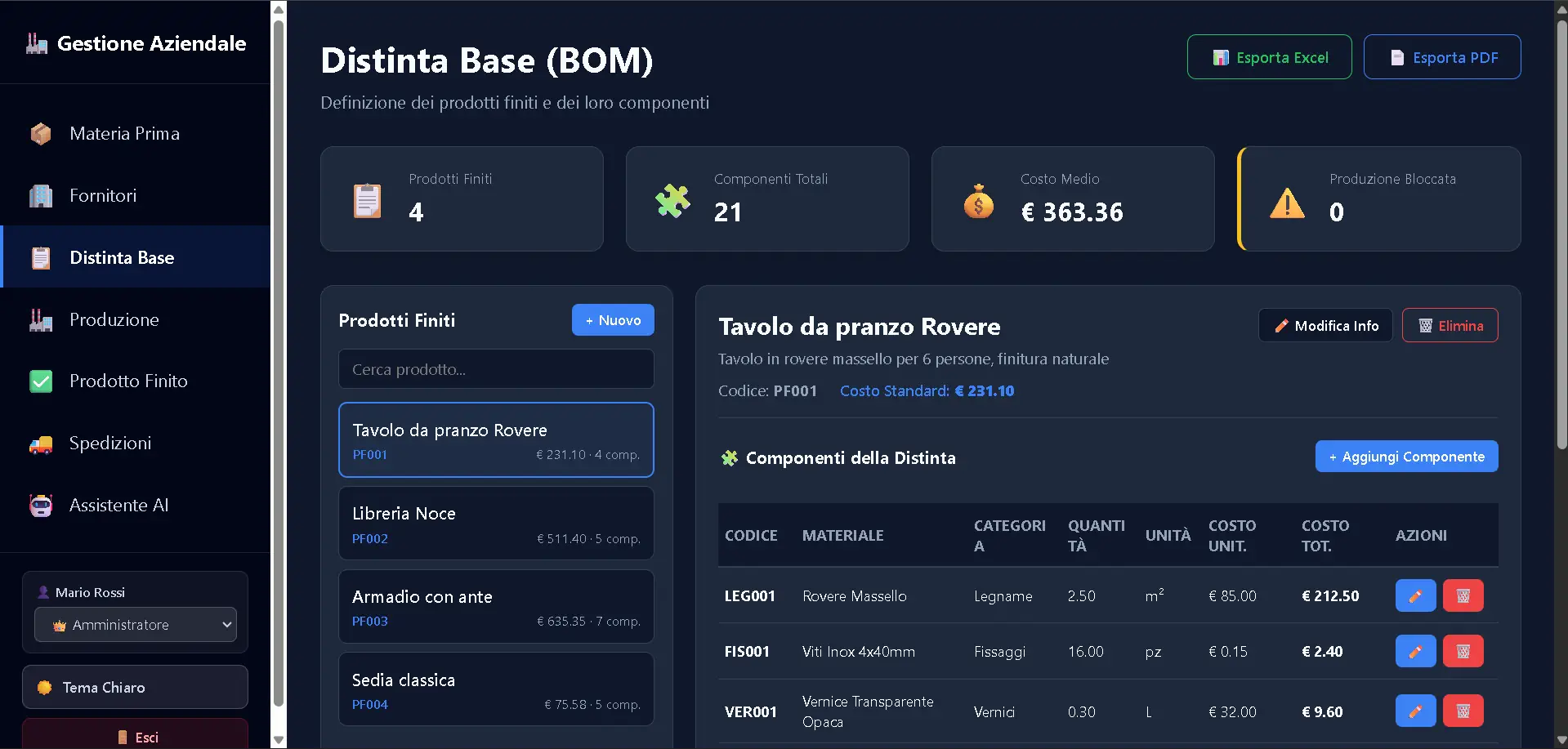 Gestione e aggiornamento in tempo reale della distinta base di produzione