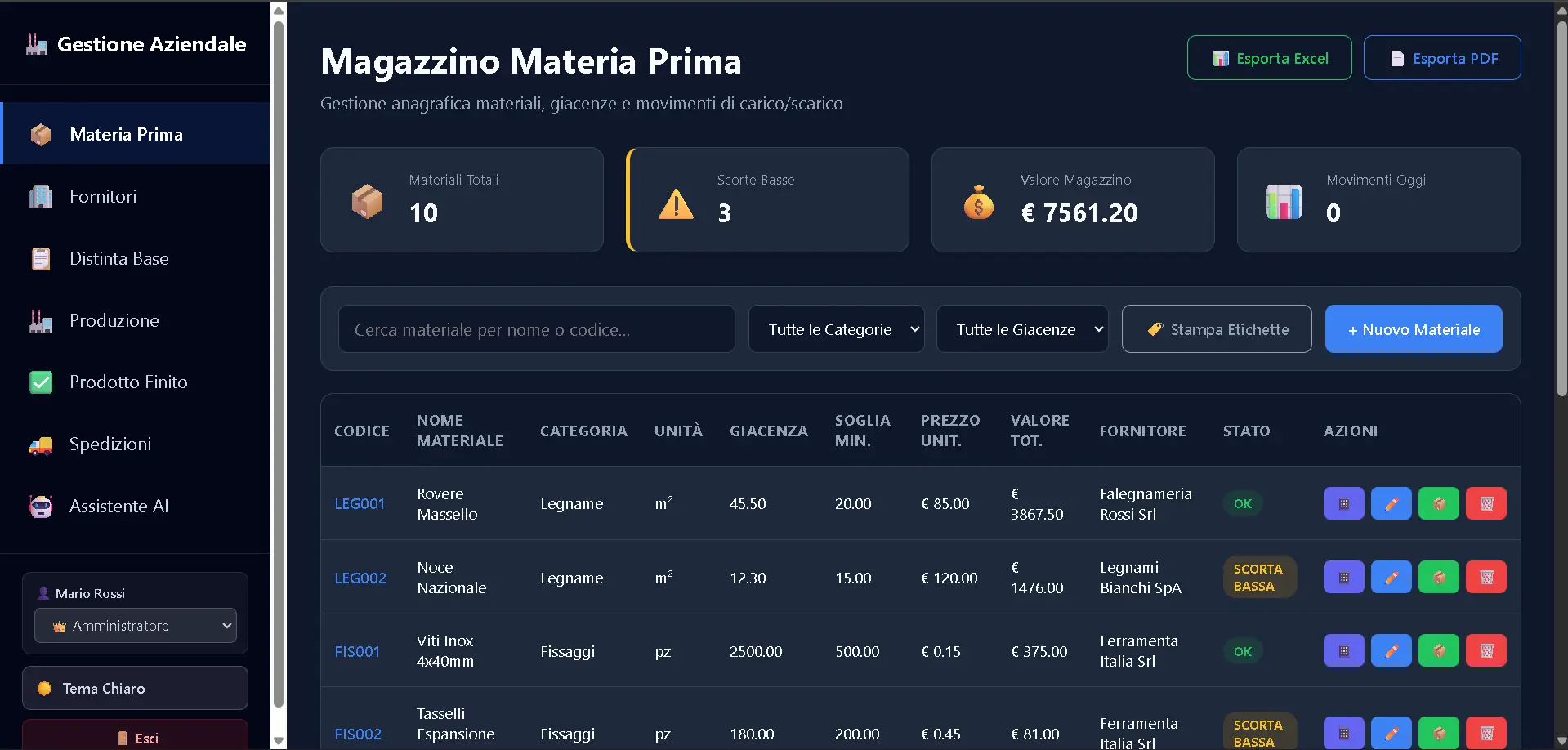 Interfaccia di gestione del magazzino e controllo scorte materie prime nel software