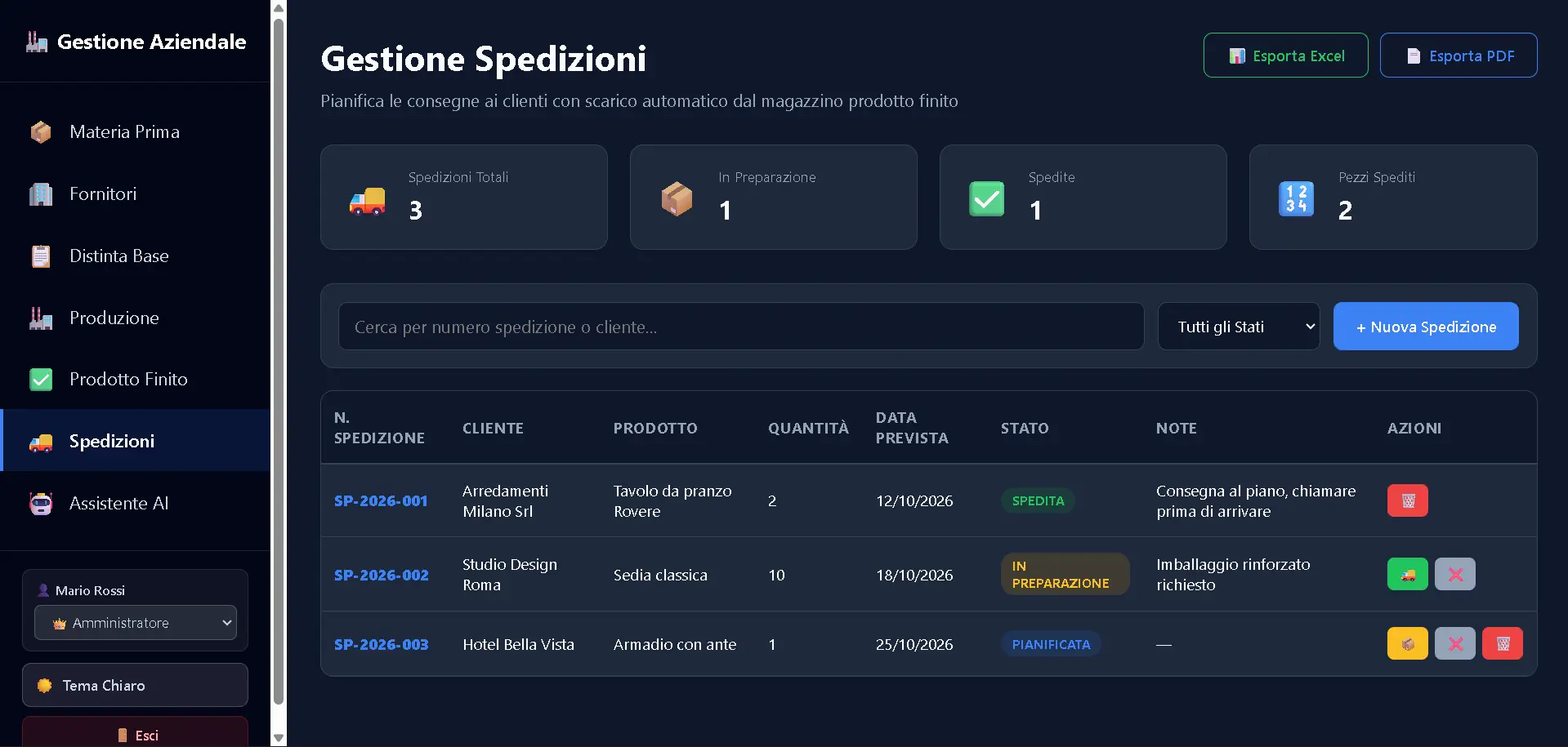 Modulo di gestione e tracciamento in tempo reale delle spedizioni e della logistica