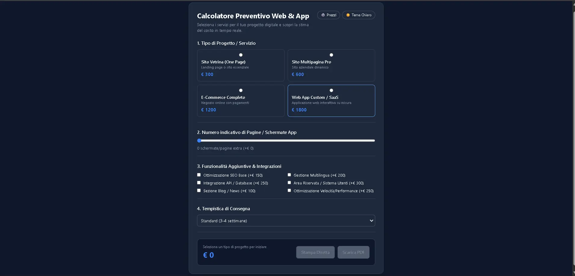 Dashboard del calcolatore di preventivi con riepilogo servizi