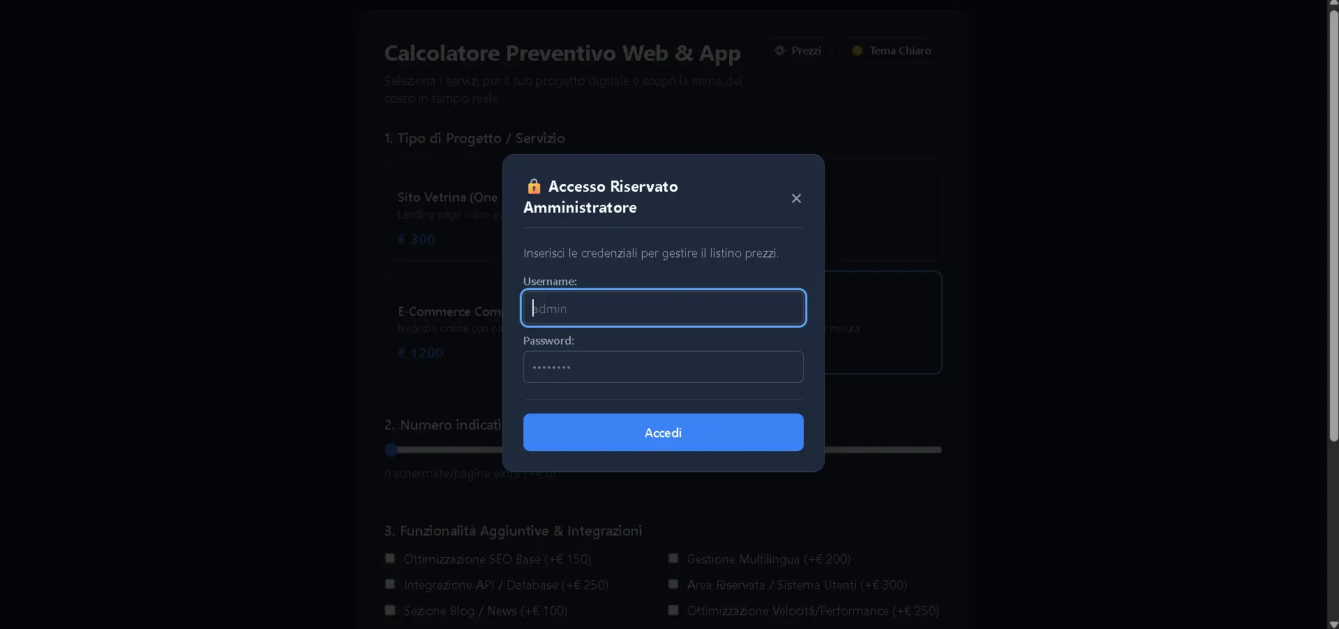 Schermata di login sicura per la modifica delle tariffe del preventivatore