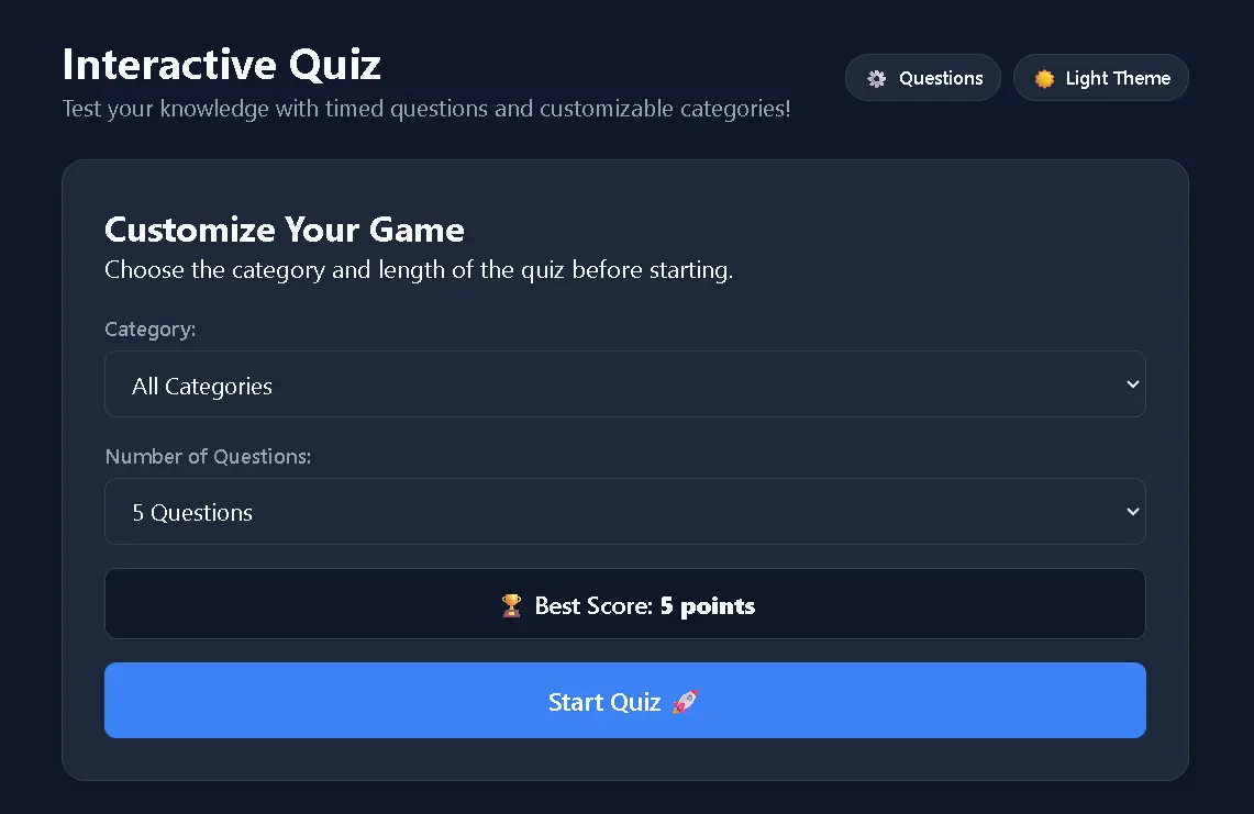 Initial screen for category and difficulty selection in the interactive quiz
