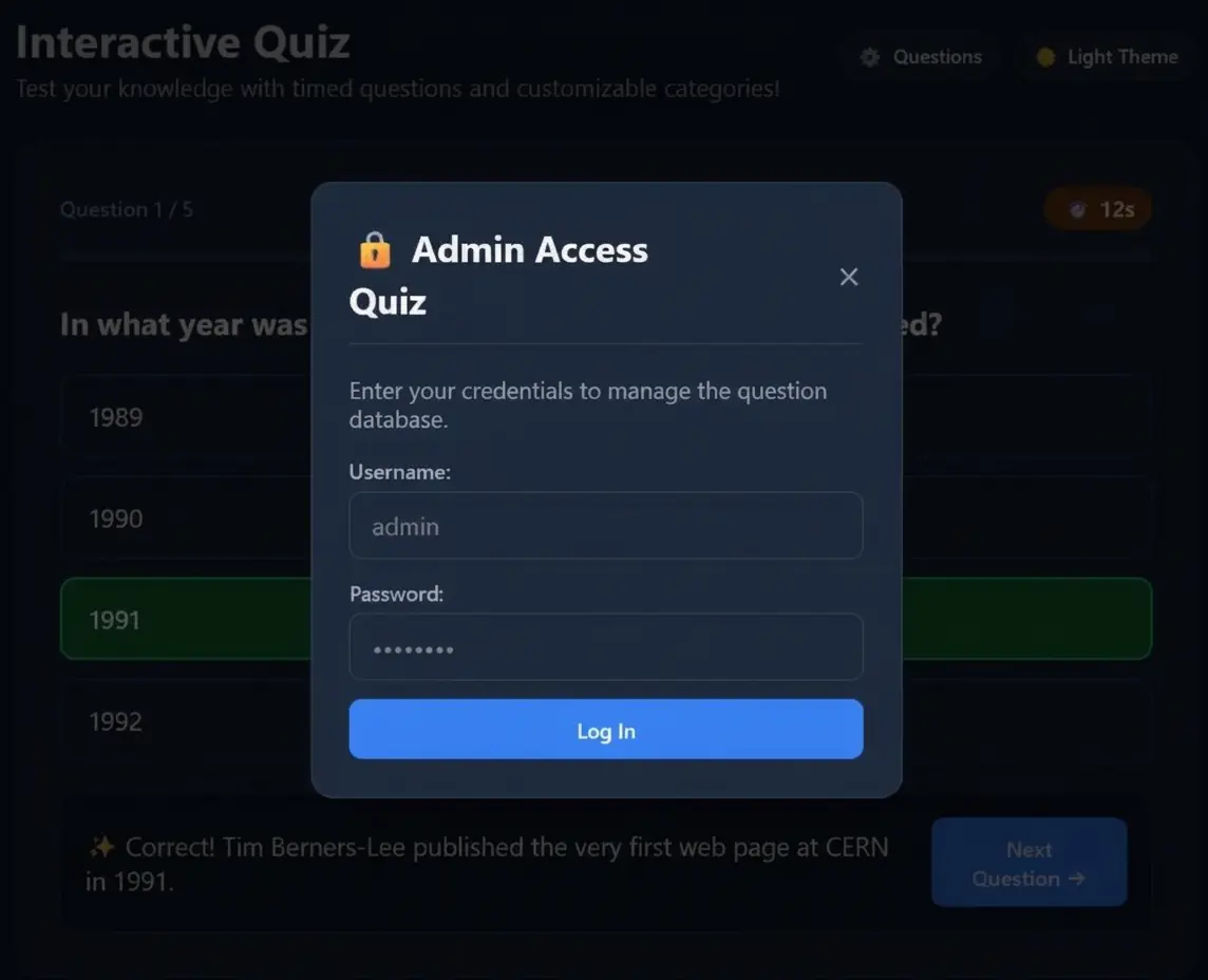 Secure login screen for accessing the quiz administration panel