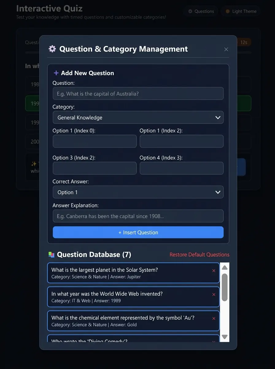 Management panel for editing quiz questions and parameters