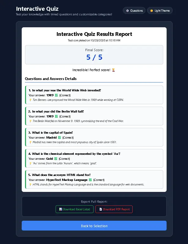 Detailed report screen with options to export results to Excel and PDF