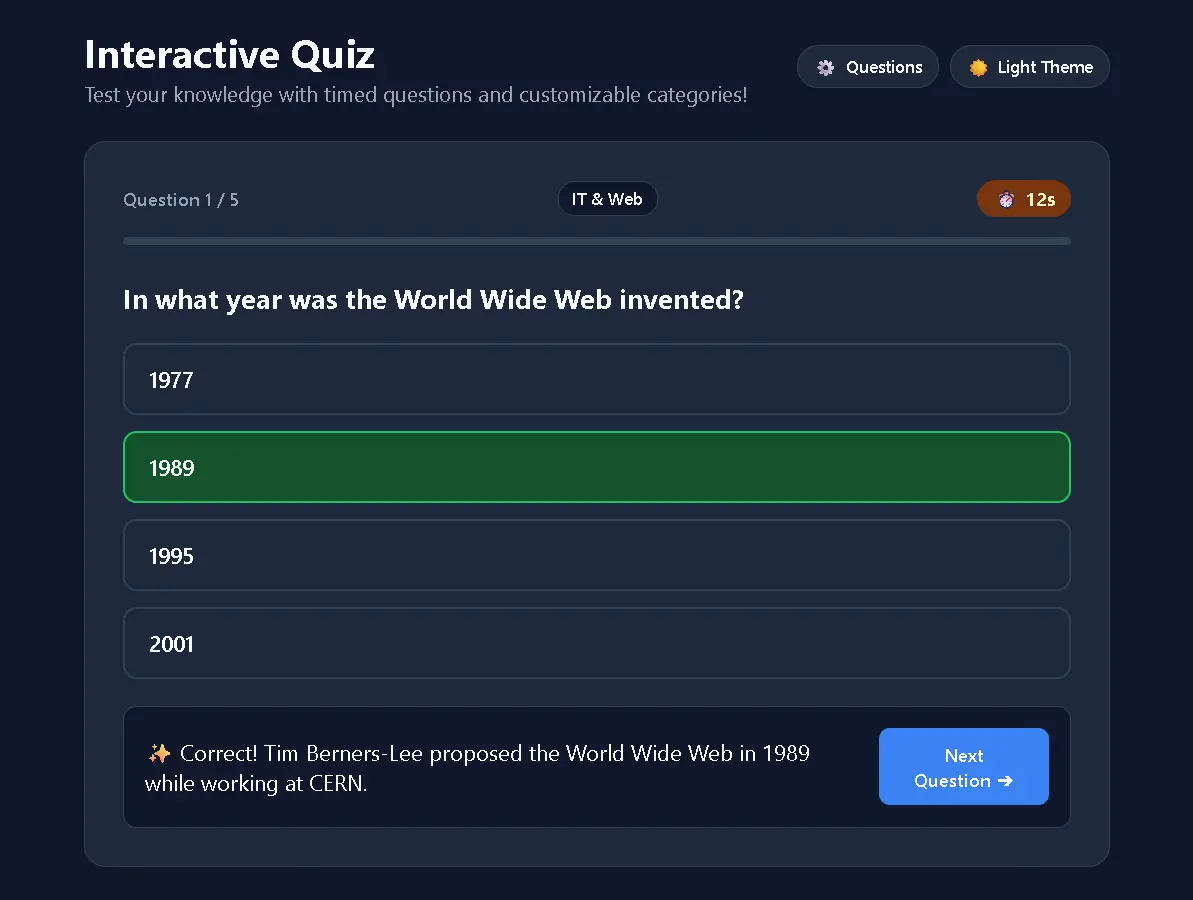Example of a multiple-choice question with a timer in the interactive quiz