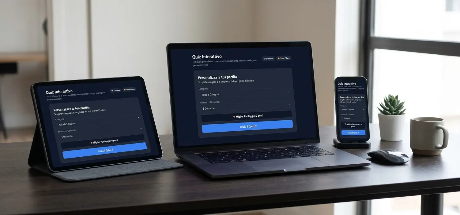 Interfaccia principale del quiz interattivo online con timer e selezione categorie