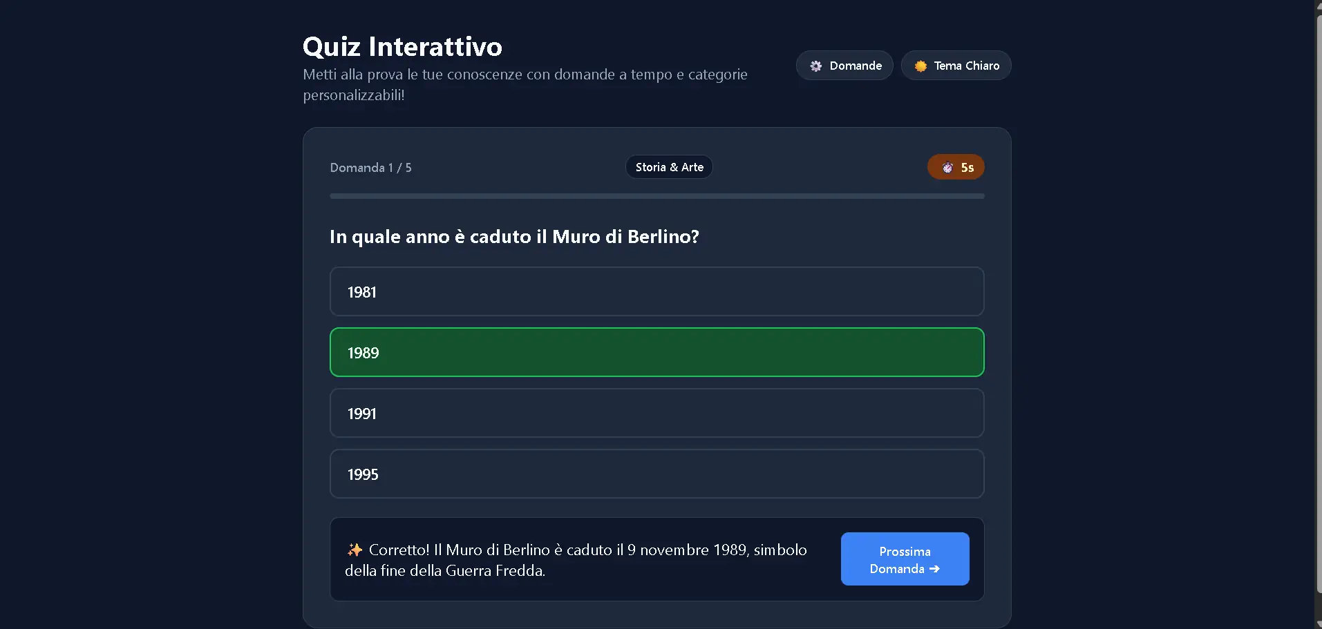 Esempio di domanda a risposta multipla con timer nel quiz interattivo