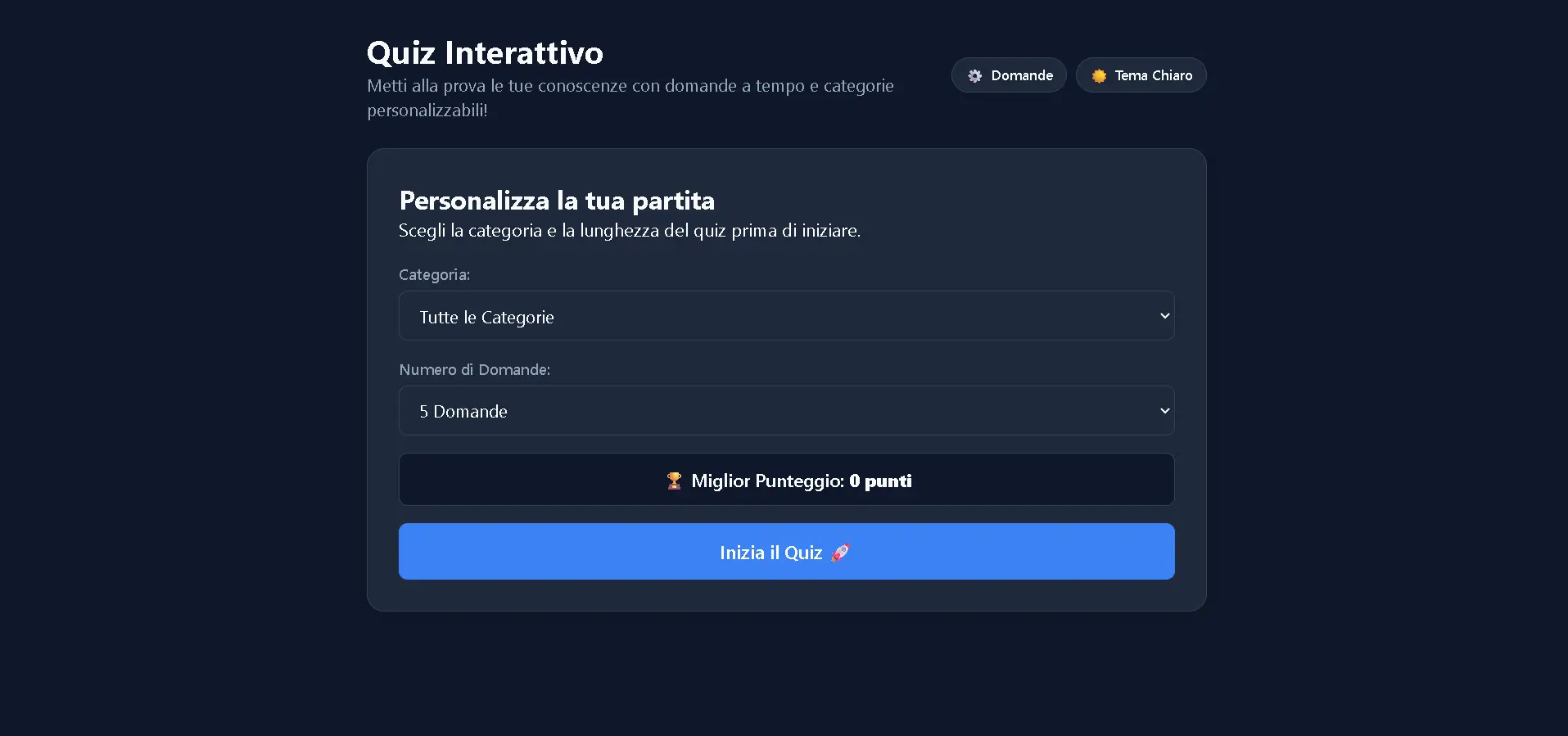Schermata iniziale di selezione categoria e difficoltà per il quiz interattivo
