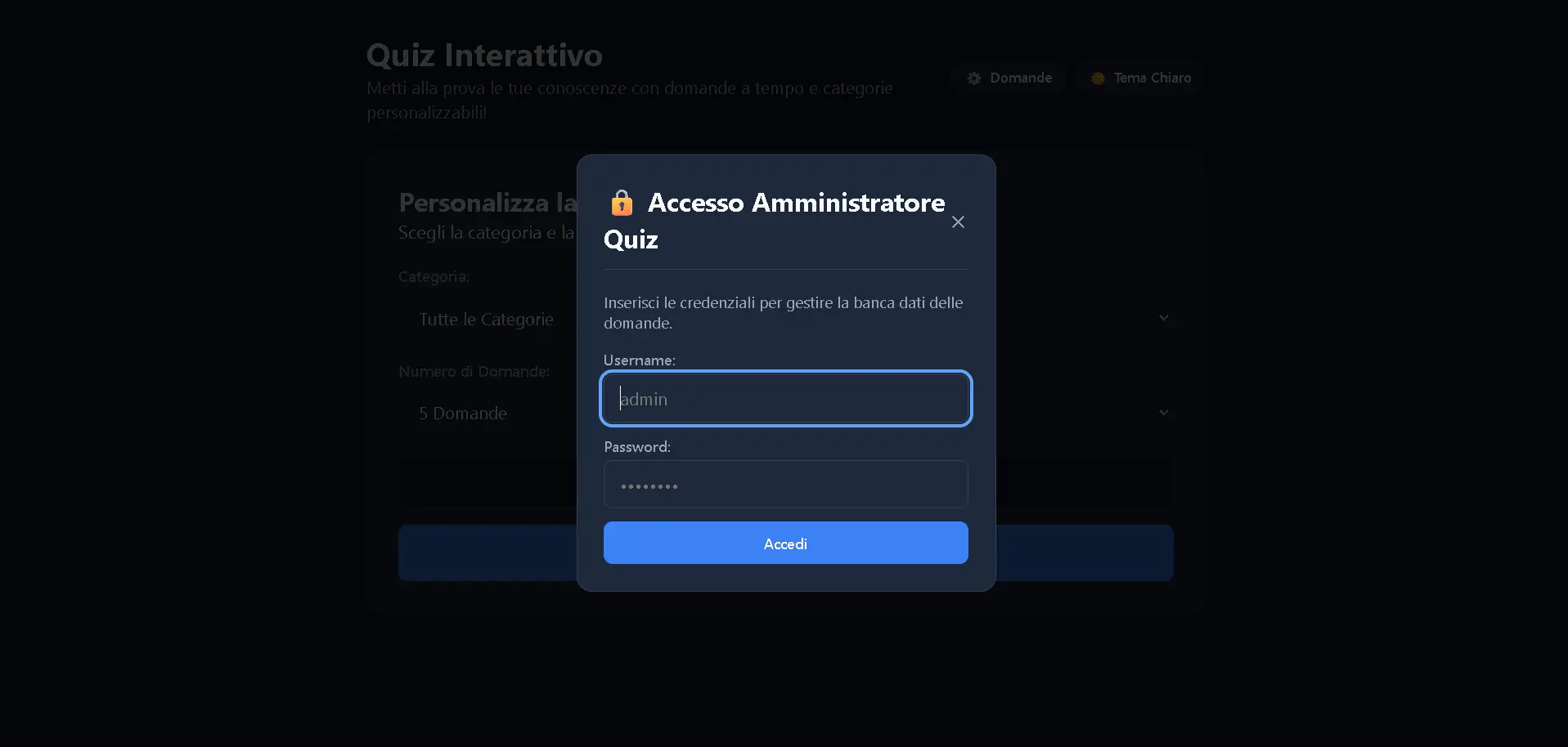 Schermata di login sicura per l'accesso al pannello di amministrazione del quiz