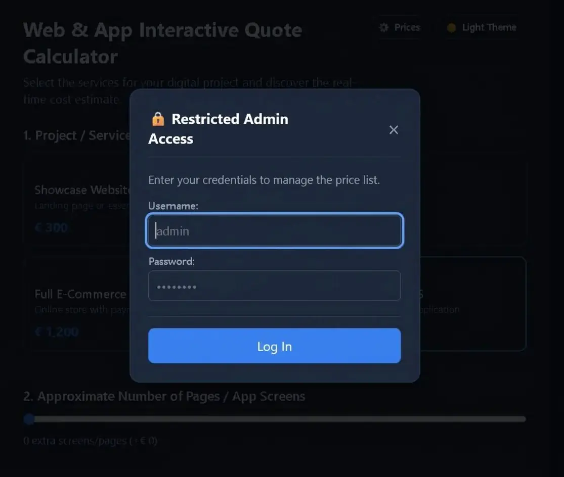 Secure login screen for modifying quote calculator rates