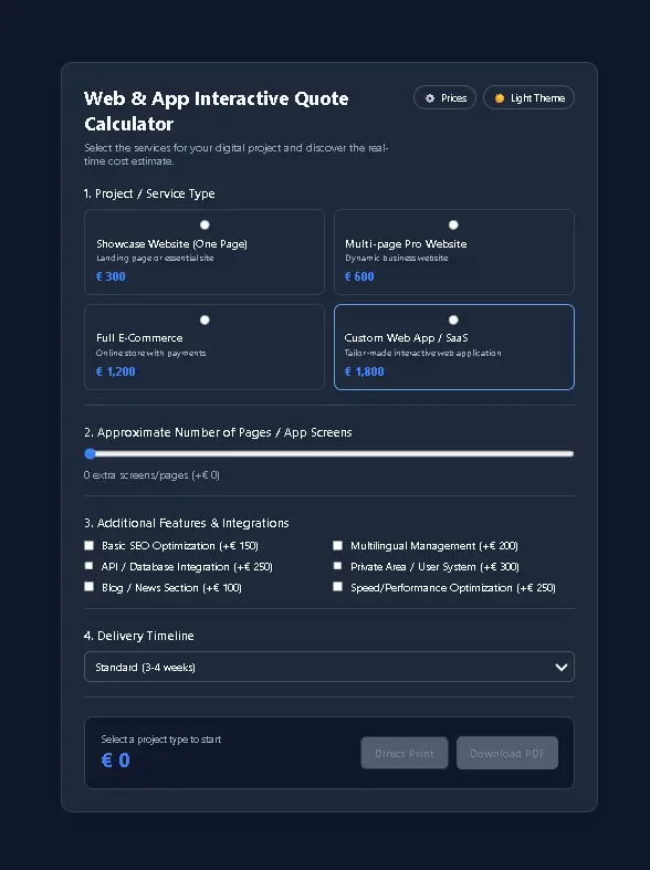 Quote calculator dashboard with service summary