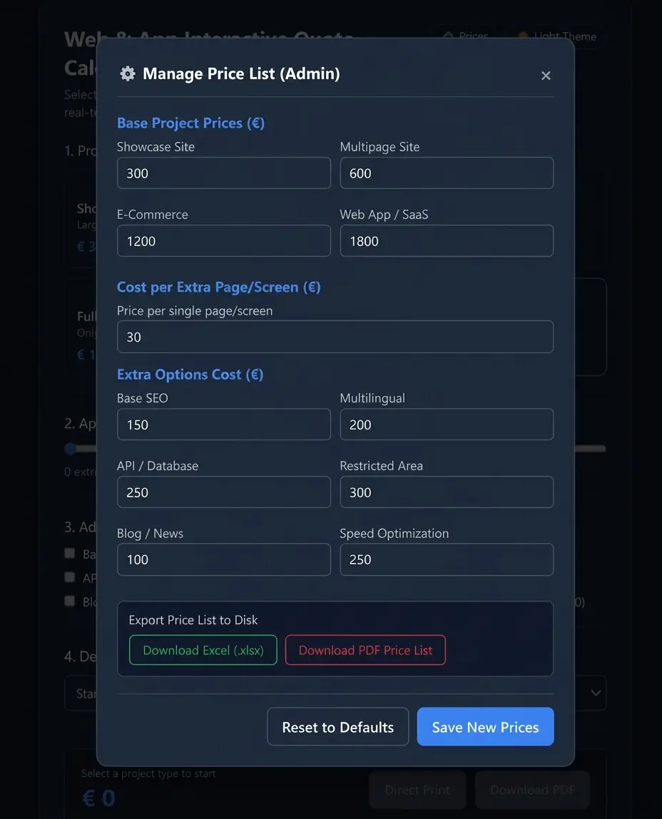 Price list and rate management interface for quote creation